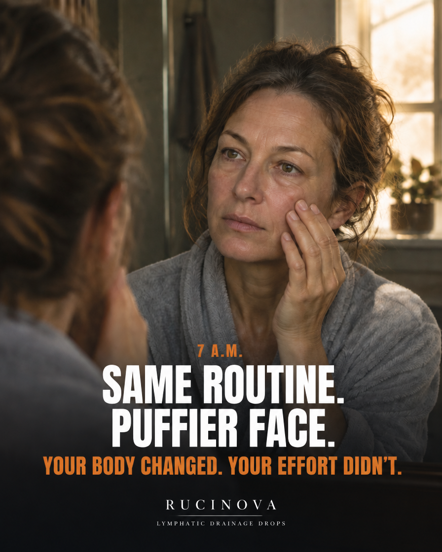 A woman in her fifties at the bathroom mirror at 7 a.m. Text: Same routine. Puffier face. Your body changed. Your effort didn't.