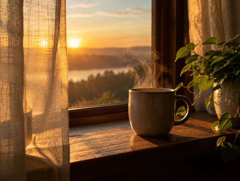 A coffee mug on a sunny windowsill in the morning