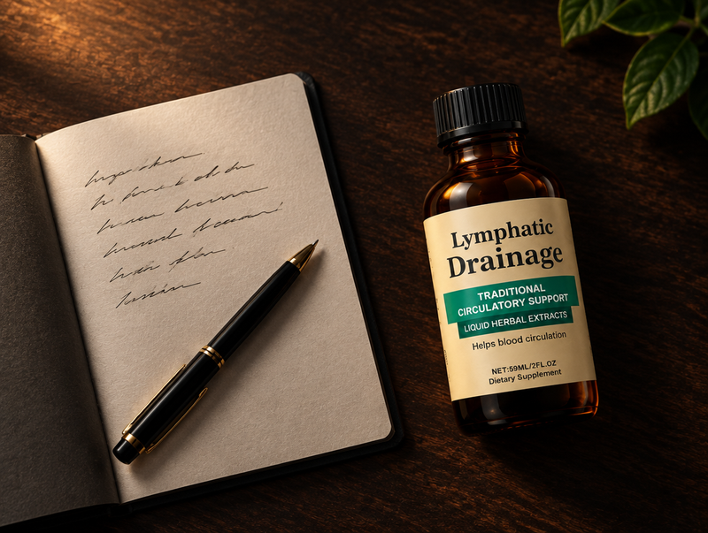 An open notebook with handwritten notes beside the Rucinova bottle