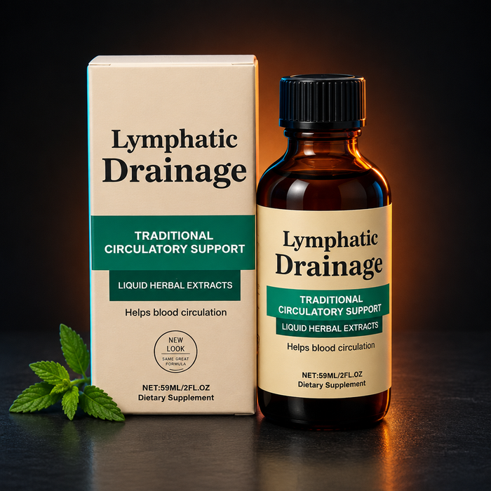 Rucinova Lymphatic Drainage Drops bottle and box on a dark slate surface