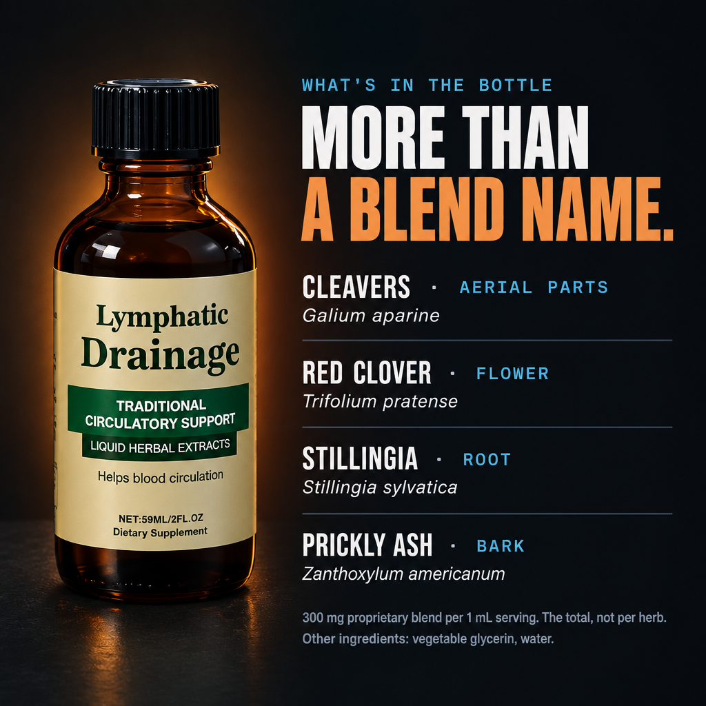 What's in the bottle: cleavers aerial parts, red clover flower, stillingia root, prickly ash bark; 300 mg blend per 1 mL; other ingredients vegetable glycerin and water