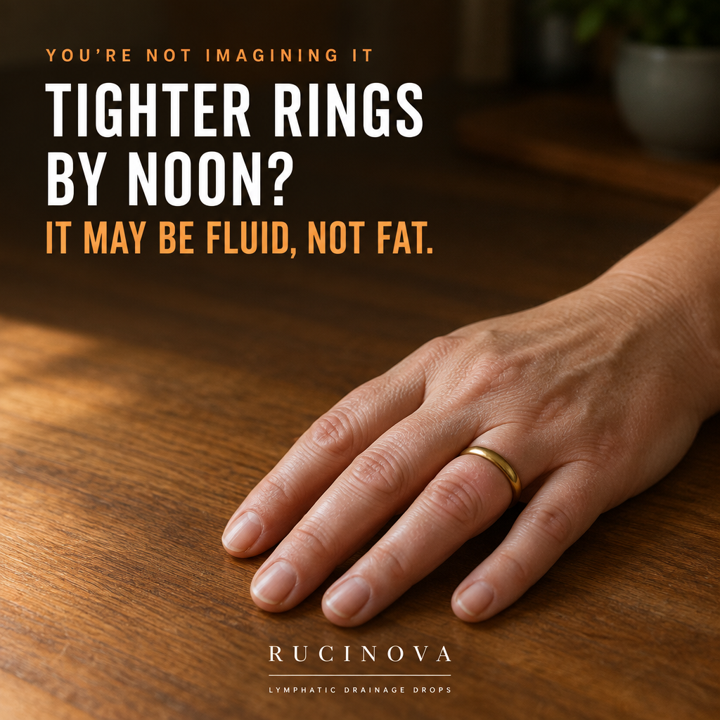 A midlife woman's hand resting on a counter with her ring stopped above the knuckle. Text: Tighter rings by noon? It may be fluid, not fat.